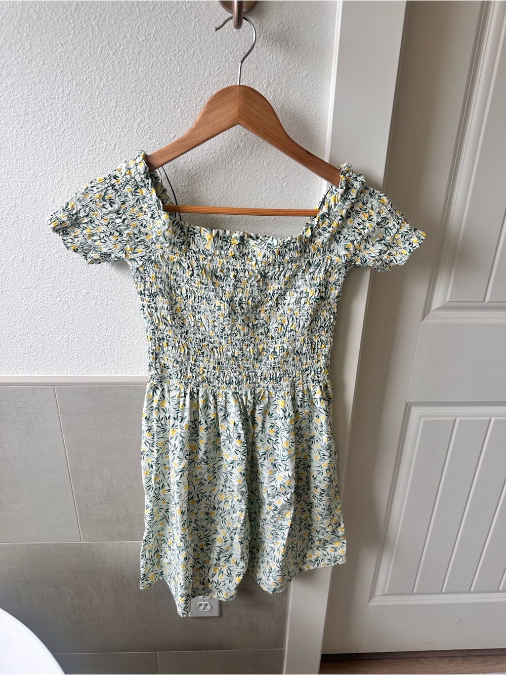 H&M White Floral Smocked Off-Shoulder Mini Dress with Yellow Accents